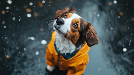Bird's-eye shot of a dog standing on two legs, wearing a raincoat, looking up at raindrops falling around.の素材