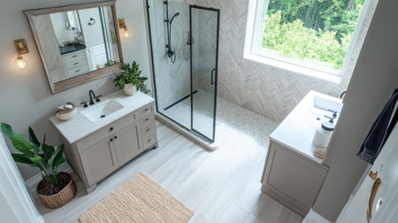 Bird's-eye shot of a bathroom with a modern shower, elegant vanity, and a chic, contemporary design.の素材