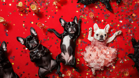 Aerial view of dogs in cute tuxedos and dresses, lying on a red carpet with tiny champagne glasses and confetti.の素材
