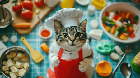 Bird's-eye shot of a cat in a chef's hat and apron, surrounded by toy cooking utensils and plastic food.の素材