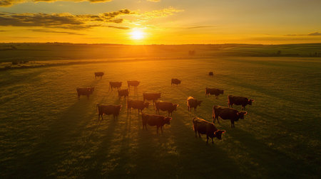 Bird's-eye shot of a cow farm during sunset, with cows silhouetted against the colorful sky, and shadows stretching across the fields.の素材