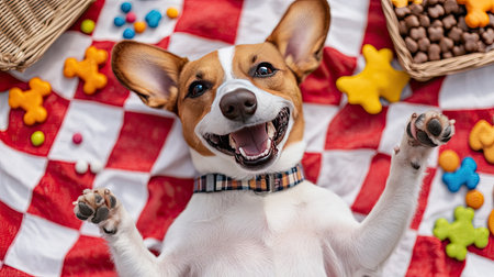 Bird's-eye perspective of a smiling dog lying on a checkered picnic blanket, surrounded by treats and toys.の素材