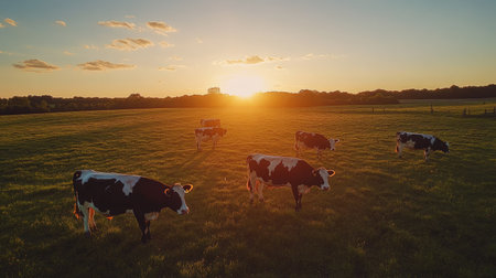 Bird's-eye shot of a cow farm during sunset, with cows silhouetted against the colorful sky, and shadows stretching across the fields.の素材