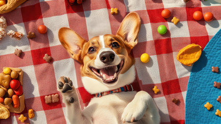 Bird's-eye perspective of a smiling dog lying on a checkered picnic blanket, surrounded by treats and toys.の素材