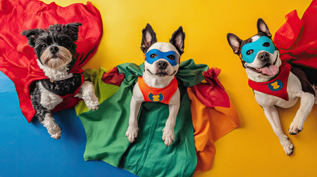 Bird's-eye view of dogs in superhero costumes, lying on a bright background with props like capes and masks.の素材
