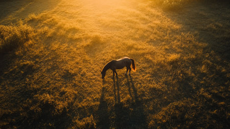 Bird's-eye view of a horse grazing in a field, with the sun setting in the background.の素材