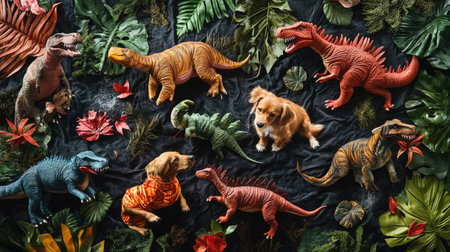 Bird's-eye view of dogs in dinosaur costumes, on a prehistoric-themed backdrop with toy dinosaurs and plants.の素材