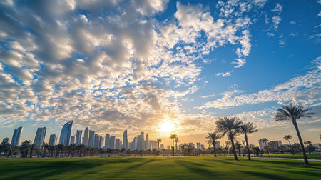 City and Sky: Doha, Qatar's skyline from Sheraton Park on a clear January day in 2022, under a beautiful cloud-filled sky.の素材