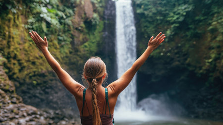 Celebration in Nature: A brave girl with her hands raised celebrates a successful climb in front of a powerful waterfall in Costa Rica. Hidden tropical gems.の素材