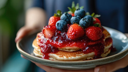 Close-up of a hand holding a plate of pancakes topped with vibrant strawberry jam and blueberries, perfectly capturing the sweet and ready-to-serve conceptの素材