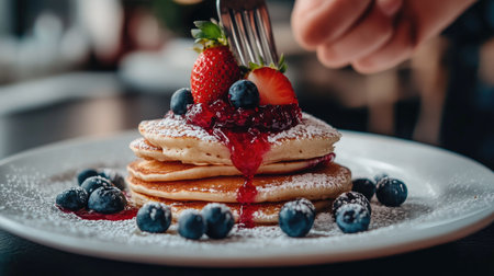 Close-up of a hand serving pancakes topped with strawberry jam and decorated with fresh blueberries on a white plate, ready to enjoy the perfect sweet treatの素材