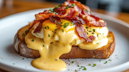 Close-up of eggs benedict with crispy bacon and sourdough bread, topped with silky hollandaise sauce, showcasing a delicious breakfast treatの素材