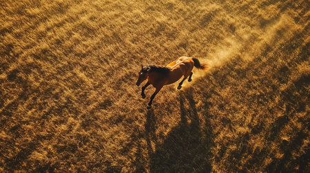 Bird's-eye view of a horse running freely in an open field, showcasing its powerful stride.の素材