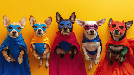 Bird's-eye view of dogs in superhero costumes, lying on a bright background with props like capes and masks.の素材