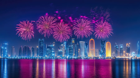 Doha Night Festivities: Majestic fireworks over Doha, Qatar, celebrating Qatar National Day on September 23, 2018, with vibrant bursts of color lighting up the night.の素材