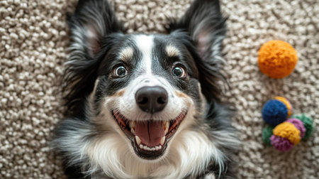 Bird's-eye view of a dog with a big smile, lying on a soft carpet with its favorite chew toy.の素材