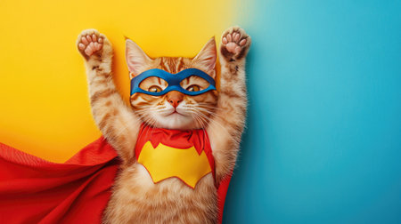 Bird's-eye view of a cat in a superhero costume, lying on a bright background with a tiny cape and mask.の素材