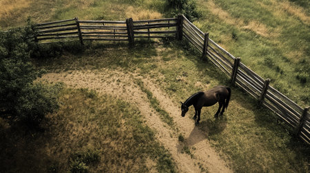 Bird's-eye view of a horse standing by a rustic wooden fence, looking out into the distance.の素材