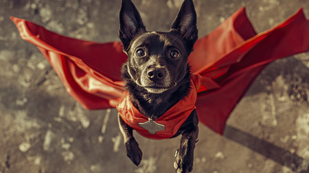 Bird's-eye view of a dog in a superhero costume, standing on hind legs with paws outstretched as if ready to fly.の素材
