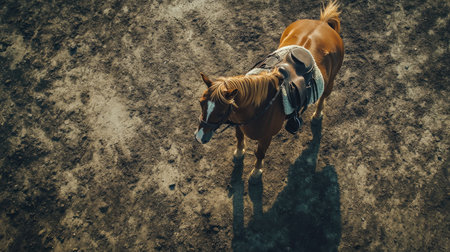Bird's-eye shot of a horse wearing a saddle and bridle, ready for a ride.の素材