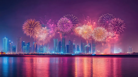 Doha National Day Festivities: Spectacular fireworks light up Doha's night sky on Qatar National Day, September 23, 2018, with dazzling and vibrant displays.の素材