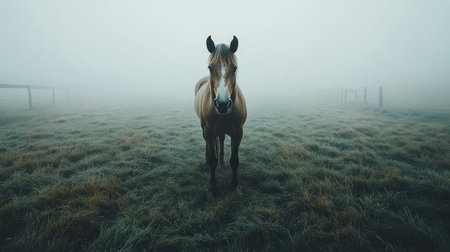 Bird's-eye shot of a horse standing in a misty morning field, with dew-covered grass around.の素材