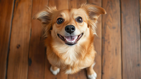 Bird's-eye view of a dog smiling up at the camera, with its paws up and belly exposed on a wooden floor.の素材