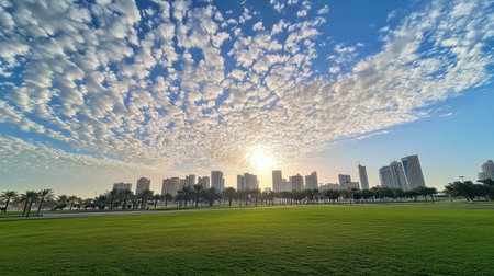 City and Sky: Doha, Qatar's skyline from Sheraton Park on a clear January day in 2022, under a beautiful cloud-filled sky.の素材