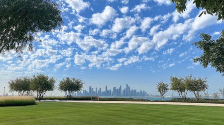 City Serenity: A tranquil view of Doha's skyline from Sheraton Park on a clear January day in 2022, with a beautiful cloud-studded sky.の素材
