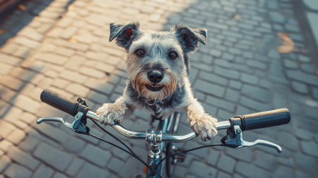 Bird's-eye shot of a dog standing on two legs next to a bicycle, with its front paws resting on the handlebar.の素材