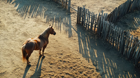 Bird's-eye view of a horse standing by a rustic wooden fence, looking out into the distance.の素材