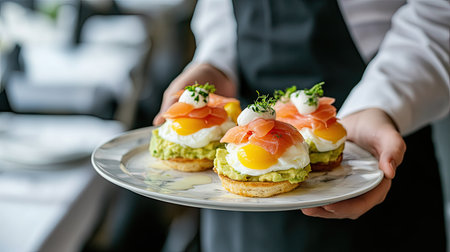 Breakfast tray with Eggs Benedict, smoked salmon, poached eggs, and avocado, held by a waiter, showcasing elegant hotel serviceの素材