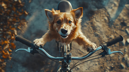 Bird's-eye shot of a dog standing on two legs next to a bicycle, with its front paws resting on the handlebar.の素材
