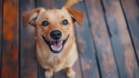 Bird's-eye view of a dog smiling up at the camera, with its paws up and belly exposed on a wooden floor.の素材