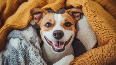 Bird's-eye shot of a dog with a big grin, sitting in a pile of soft blankets and pillows.の素材