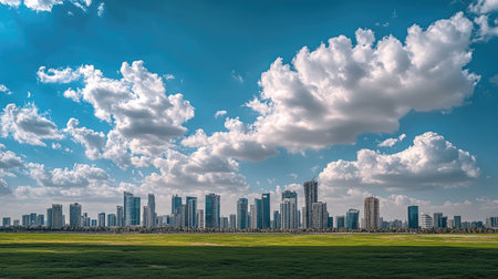 City and Clouds: The modern skyline of Doha, Qatar, viewed from Sheraton Park on January 14, 2022, under a partly cloudy sky. Urban landscape in daylight.の素材