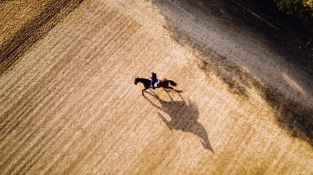 Bird's-eye view of a horse and rider practicing dressage in an outdoor arena.の素材