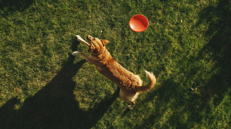 Bird's-eye shot of a dog standing on two legs in a park, trying to catch a frisbee in mid-air.の素材