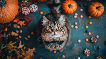Bird's-eye view of a cat in a Halloween costume, surrounded by spooky decorations and candy.の素材