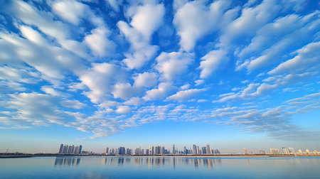 City Serenity: A tranquil view of Doha's skyline from Sheraton Park on a clear January day in 2022, with a beautiful cloud-studded sky.の素材