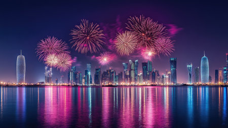 Doha National Day Festivities: Spectacular fireworks light up Doha's night sky on Qatar National Day, September 23, 2018, with dazzling and vibrant displays.の素材