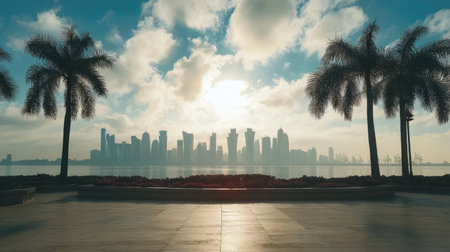 Cityscape Bliss: The skyline of Doha, Qatar, from Sheraton Park on January 14, 2022, with clouds enhancing the daylight view.の素材
