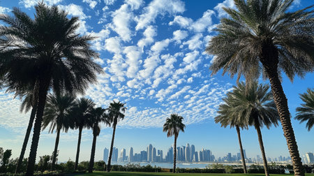 Cityscape Tranquility: Doha's skyline, as seen from Sheraton Park on a clear January day in 2022, with clouds dotting the sky.の素材