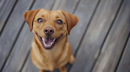 Aerial perspective of a smiling dog sitting on a wooden deck, looking up at the camera with a playful grin.の素材