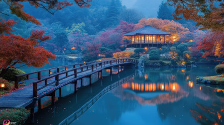 Autumn Brilliance: Atami Plum Garden in the early morning, Atami City. The autumn leaves in Shizuoka Prefecture create a colorful and tranquil atmosphere.の素材