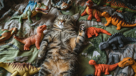 Aerial view of a cat in a dinosaur costume, lying on a prehistoric-themed blanket with toy dinosaurs.の素材