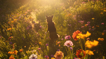 Aerial view of a dog standing on hind legs in a field of wildflowers, with a bright, sunny sky above.の素材