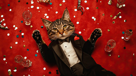 Aerial perspective of a cat in a tuxedo, lying on a red carpet with tiny champagne glasses and confetti.の素材