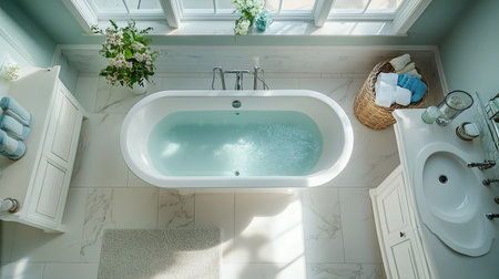 Bird's-eye shot of a bathroom with a large soaking tub, elegant fixtures, and a serene color palette.の素材