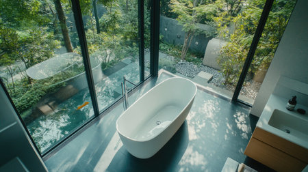 Aerial view of a bathroom featuring a freestanding tub, floor-to-ceiling windows, and a serene garden view.の素材